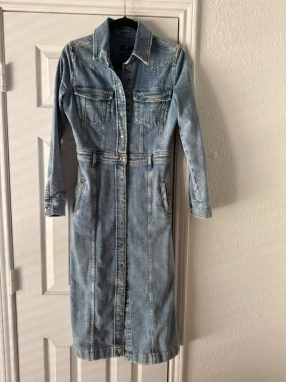 7 for All Mankind Button- Up Midi Denim Dress - Picture 2 of 6